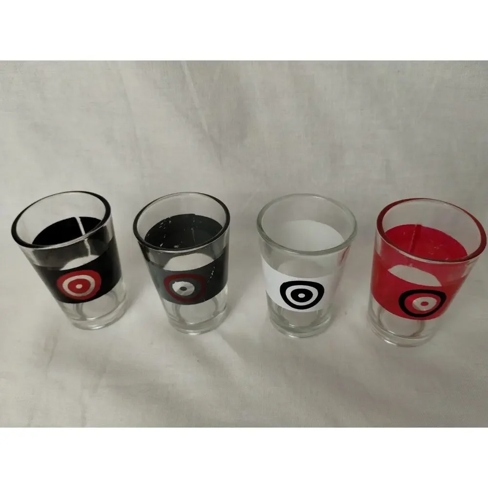 4 BULLSEYE SHOT GLASS SET-CLEAR-RED, BLACK, GRAY & WHITE - GLASS